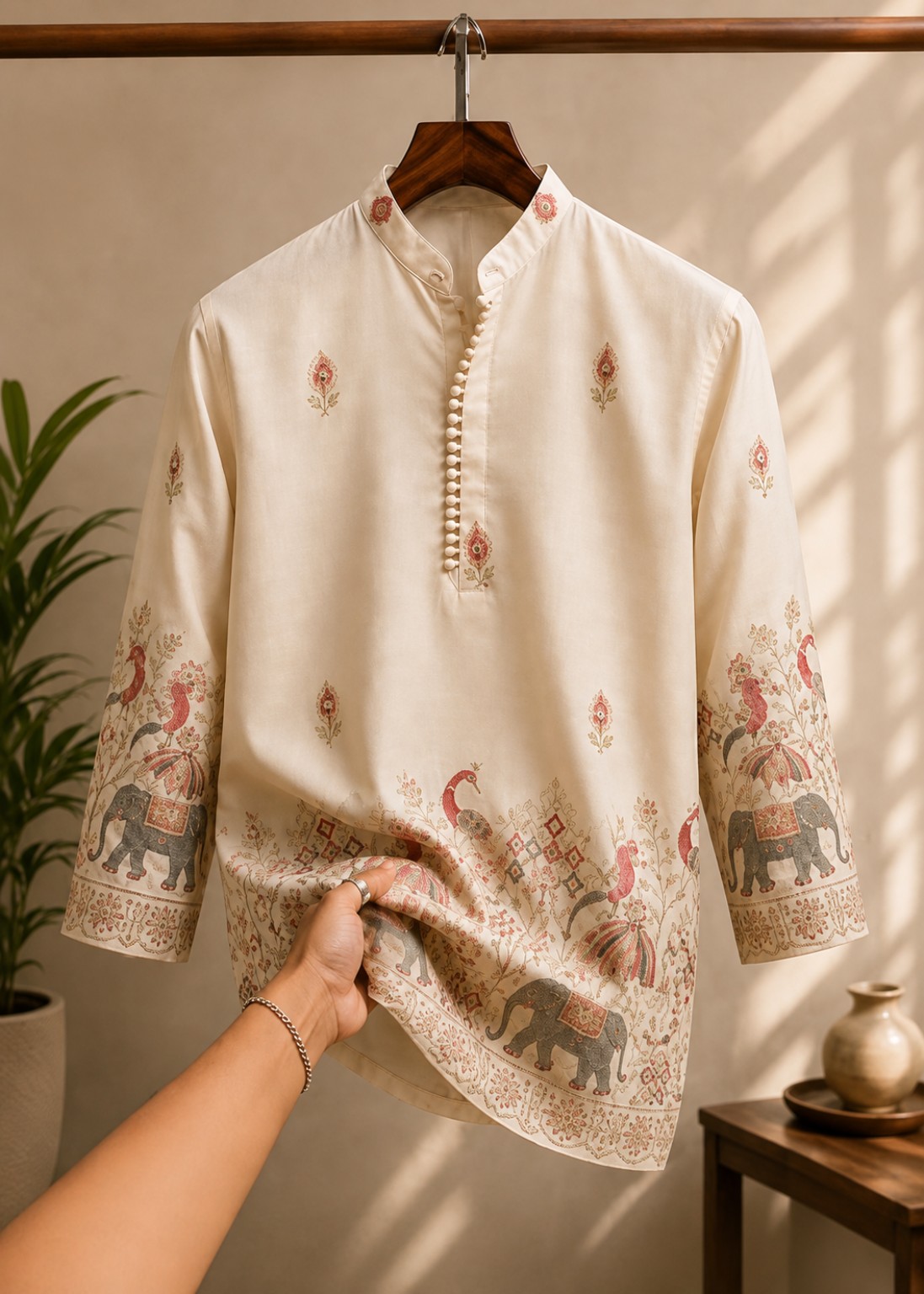 Premium elephant and peacock printed kurta